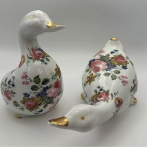 Geese Pair Crown Fine Bone China Floral Goose Duck Figurines England UK Bird